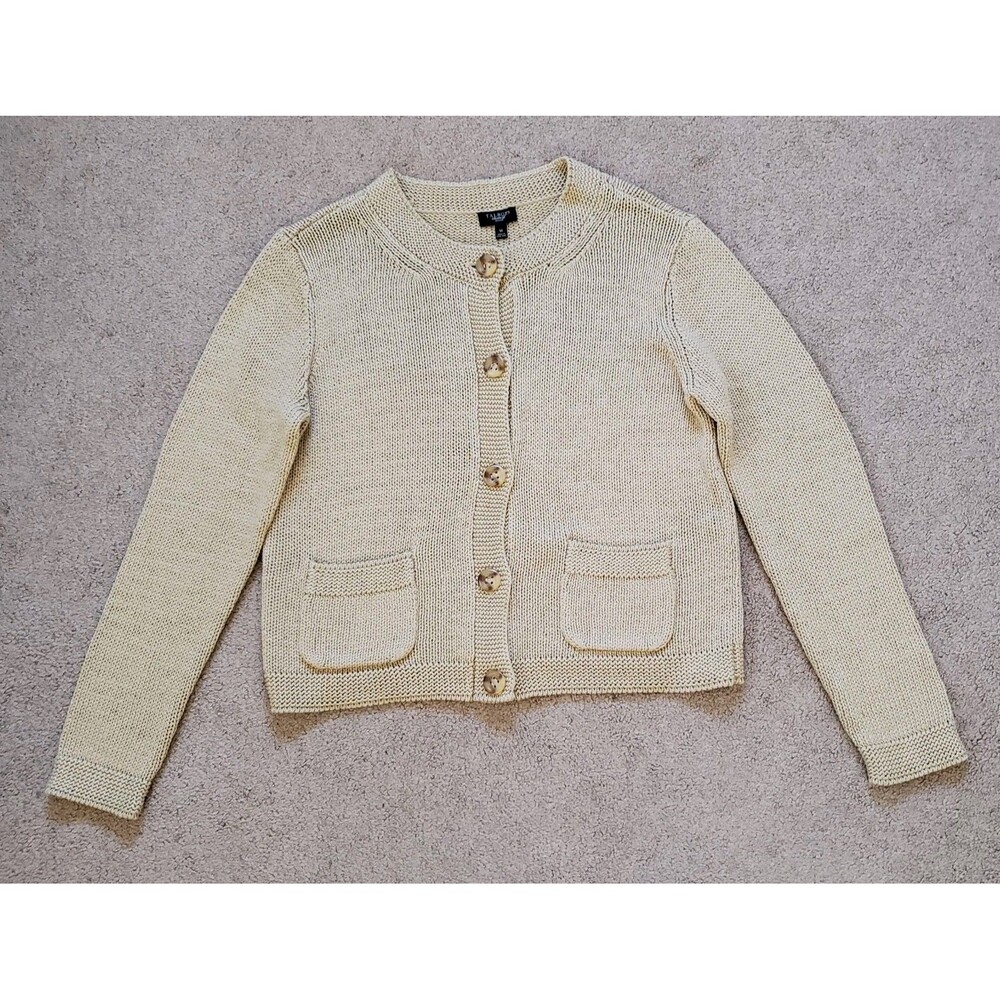 Talbots Petite Women’s Carrier Knit Cardigan Sweater Front Pockets Tan Size Med